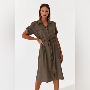 Tatuum Elegant Olive Midi Shirt Dress with Tie Waist - Size 40 - Used